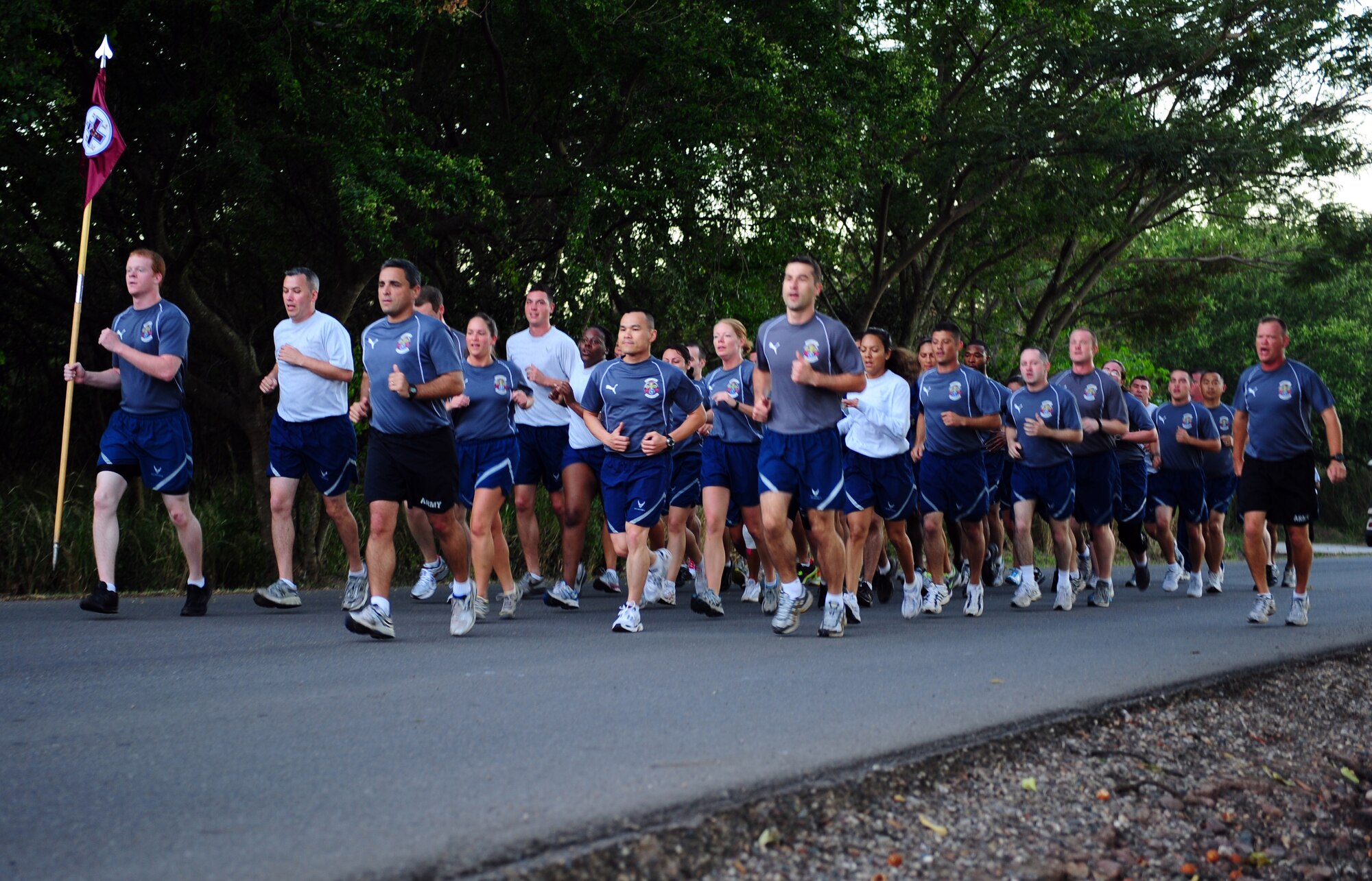 SOTO CANO AB, Honduras ? Medical Element personnel assigned at Joint Task Force-Bravo here, take part in a formation run Jan. 9 during the unit?s morning physical training session. Unit runs are designed to give commander an assessment of his troops physical fitness, build unit esprit de corps and physical conditioning. (Air Force photo/Staff Sgt. Bryan Franks)