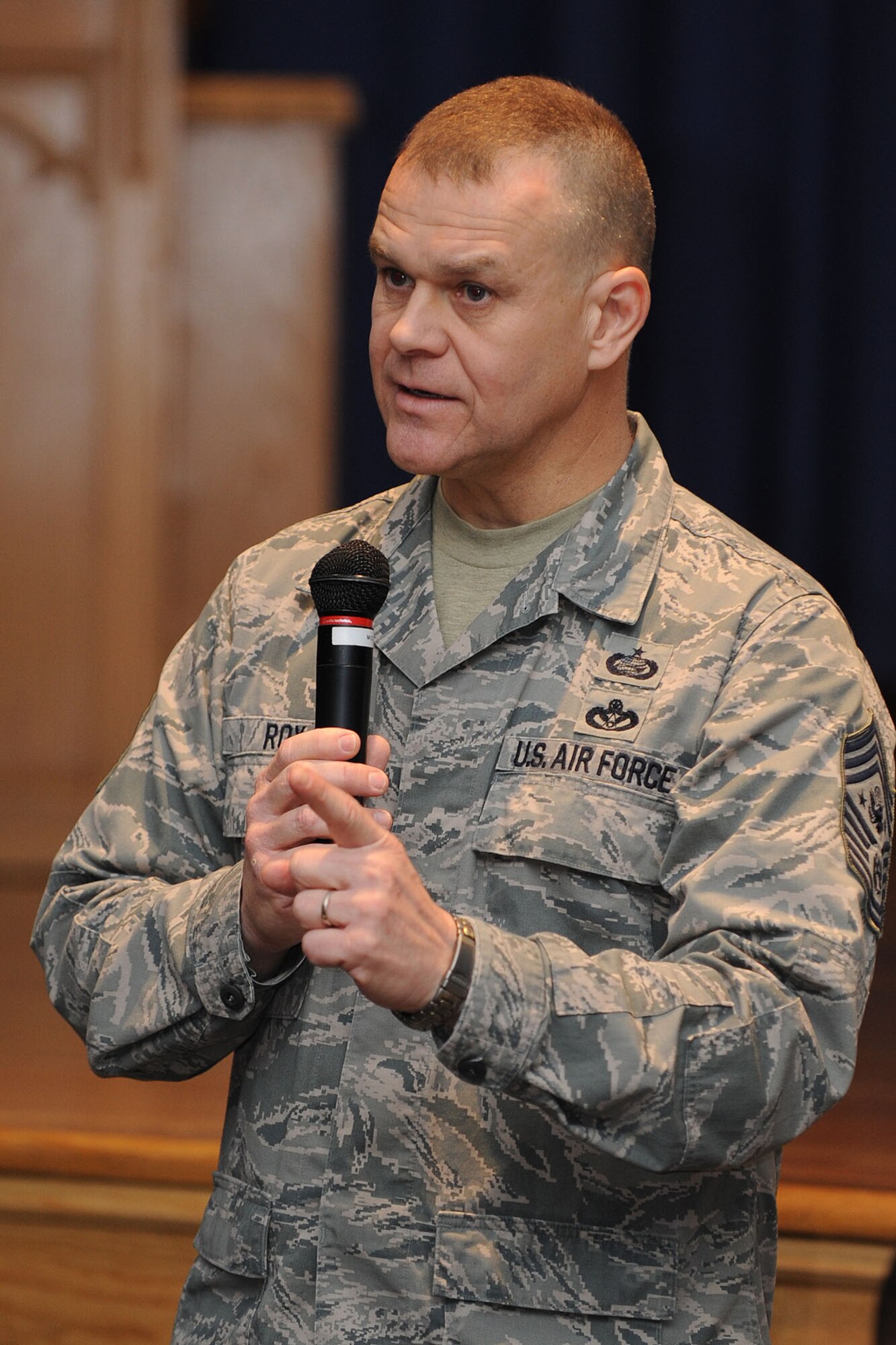 Chief Master Sgt. of the Air Force James Roy addresses Airmen about various topics during a visit to Langley Air Force Base, Va., Jan. 11, 2012. Chief Roy represents the highest enlisted level of leadership, and as such, provides direction for the enlisted force and represents their interests to the American public and to those in all levels of government. (U.S. Air Force photo by Airman 1st Class Racheal Watson/Released) 