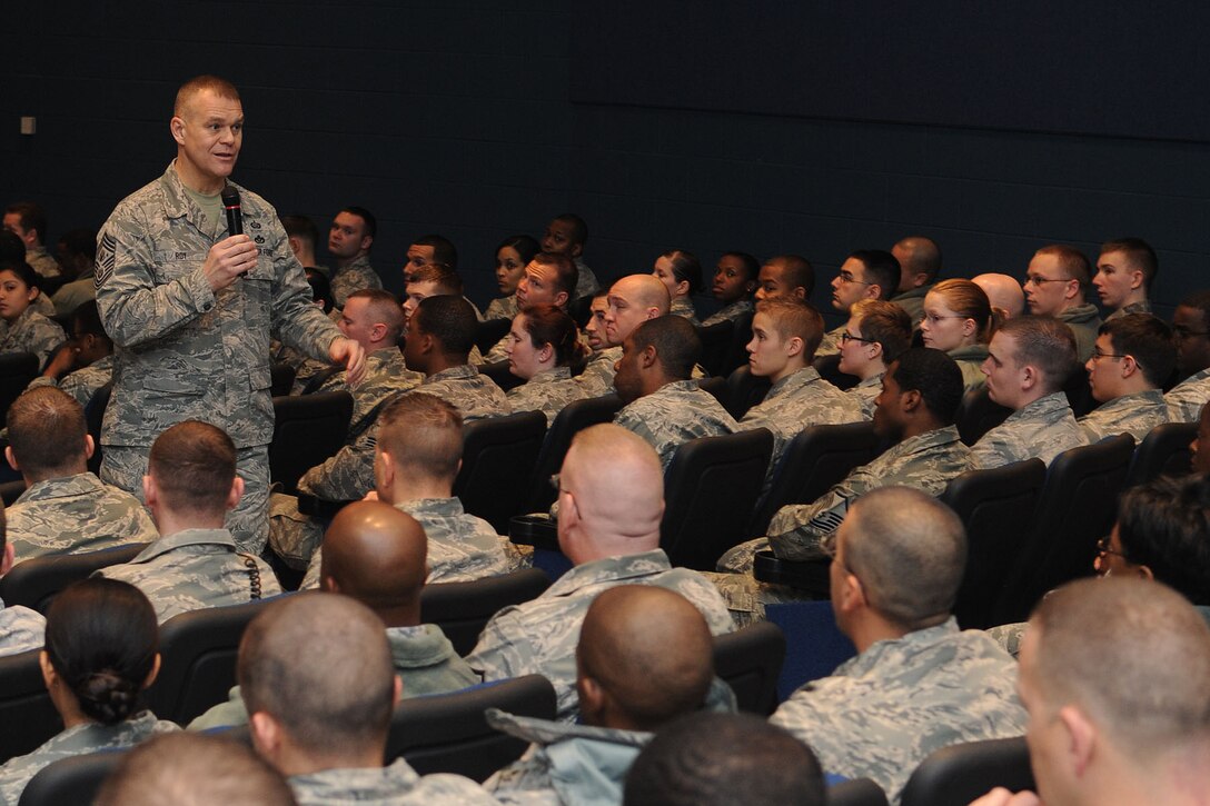 Chief Master Sgt. of the Air Force James Roy speaks to enlisted Airmen during a visit to Langley Air Force Base, Va., Jan. 11, 2012. Chief Roy provided insight on current Air Force issues such as force management programs and how the budget will affect operations. (U.S. Air Force photo by Airman 1st Class Racheal Watson/Released) 