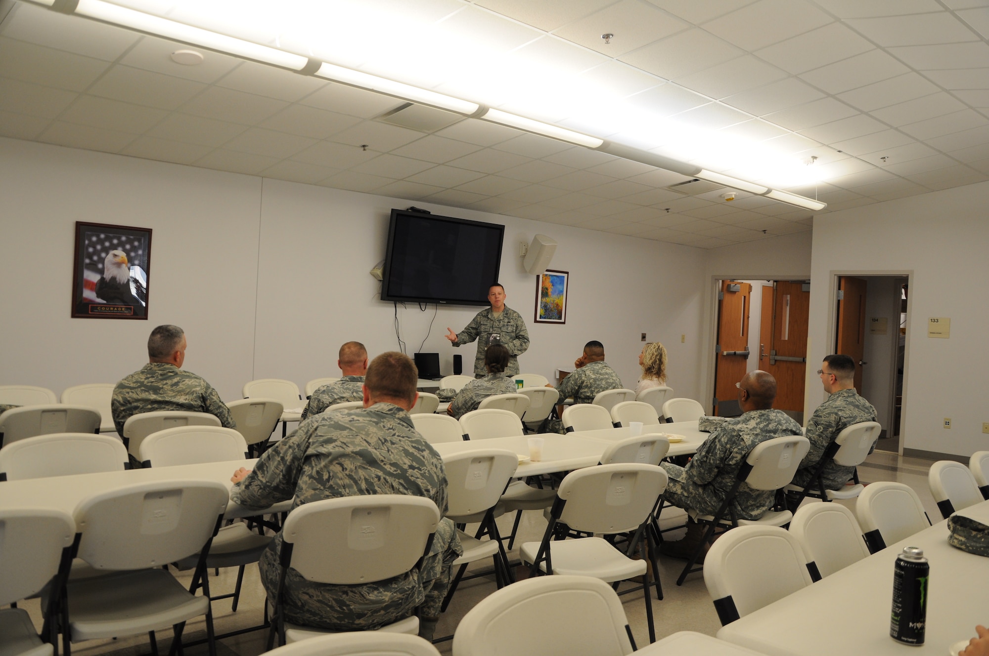 GOODFELLOW AIR FORCE BASE, Texas—Team Goodfellow members watch a recording of Dr. Martin Luther King Jr.’s famous “I Have a Dream” speech and  a documentary of King’s life in the Base Chapel’s Fellowship Hall Jan. 13. (U.S. Air Force photo/ Airman 1st Class Jessica Keith) 