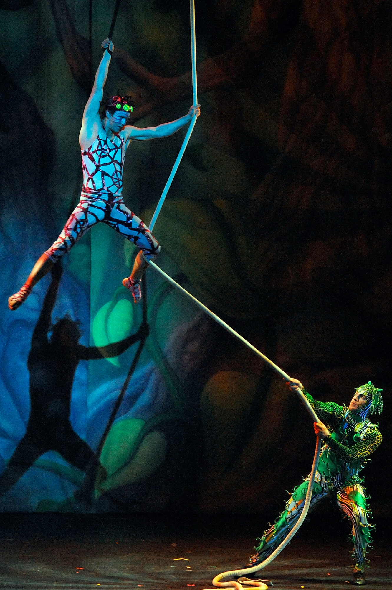 MISAWA CITY, Japan - A performer flies through the air while hanging on to a rope during the Cirque Dreams Jungle Fantasy World Tour show held at the Misawa Civic Center Jan. 18. From the soaring butterflies to the balancing giraffes, gigantic flowers, and trees approximately 1,000 servicemembers and their families enjoyed the colorful display of costumes and Cirque Dreams' unique talents. (U.S. Air Force photo/Tech. Sgt. Marie Brown)