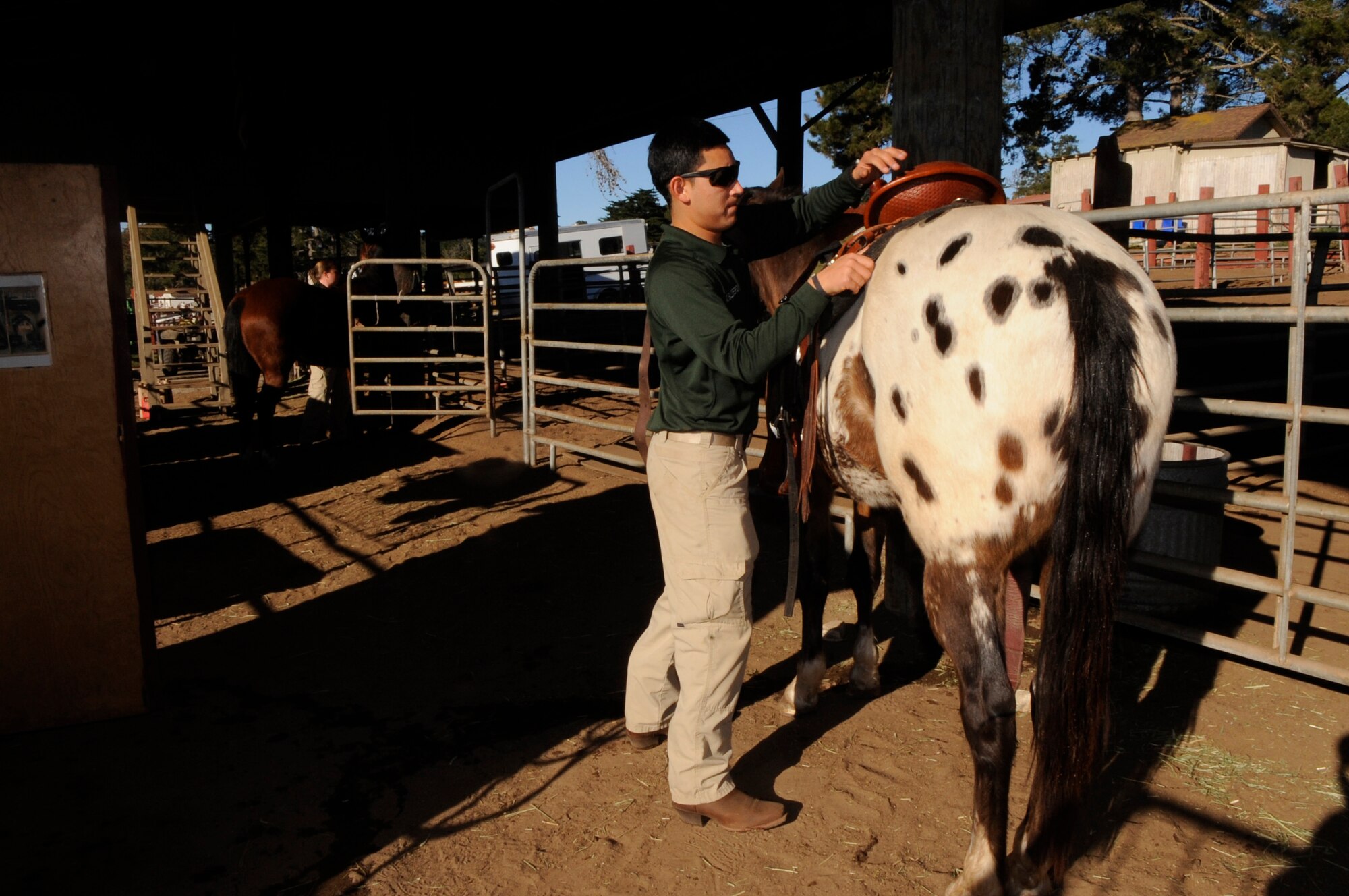 VANDENBERG AIR FORCE BASE, Calif. - Airman 1st Class Zachary Baldenegro, a 30th Security Forces Squadron conservation officer, checks the saddle on Six Eagle before taking him out for his daily exercise and training. When not on patrol, the horses exercise and training consists of arena work and lunging. The Mounted Horse Patrol unit plays a vital role in base operations to include search and rescue operations; patrols into base territory that even all terrain vehicles cannot access; consequence management for protests; maintaining a security forces and conservation presence during hunting season; pre-launch sweeps; and beach patrols. (U.S. Air Force photo/Tech. Sgt. Scottie T. McCord)