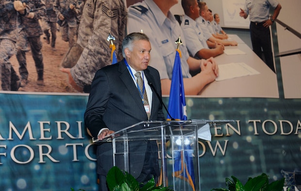 Retired Army Maj. Gen. Joe Robles, USAA chief executive officer, delivers a keynote speech during a luncheon Jan. 13 at the Air Education and Training Command Symposium at the Henry B. Gonzalez Convention Center in San Antonio. The event offered a "big picture" perspective of the AETC enterprise to nearly 4,000 participants. (U.S. Air Force photo/Don Lindsey)
