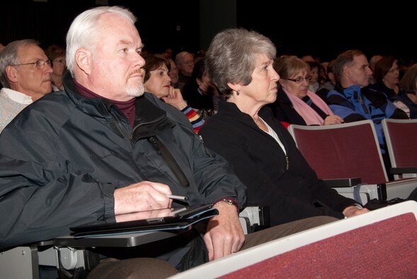 Retired Maj. Glenn Ferguson and his wife, Janet, attend a 10th Medical Group town hall in the Air Force Academy's Community Center auditorium Jan. 17, 2012. Col. Timothy Ballard, the 10th MDG commander, held the town hall to clarify the Academy's policy change regarding retiree enrollment at the Academy Clinic after they become eligible for Medicare. (U.S. Air Force photo/Don Branum)