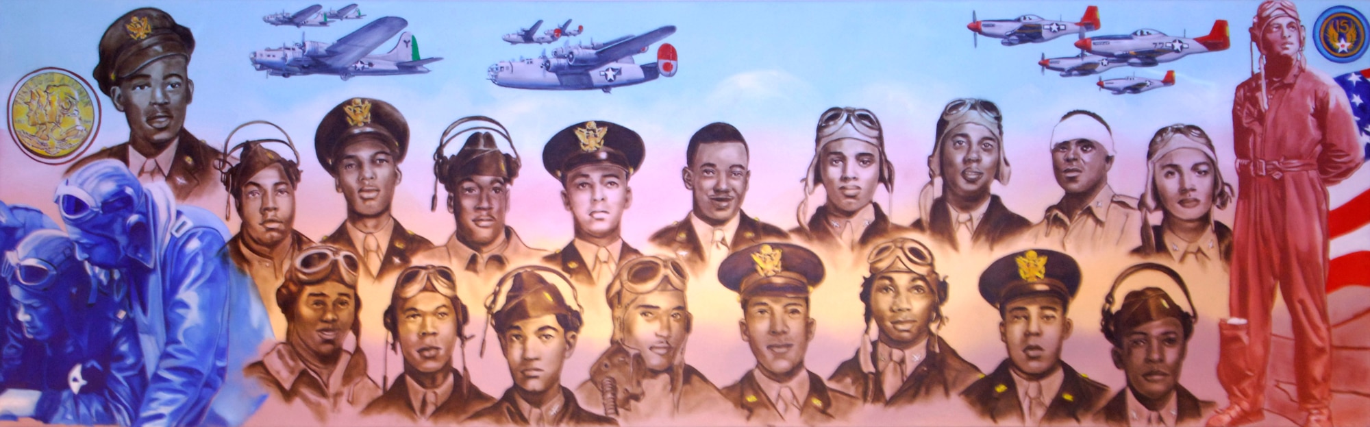 Tuskegee Airman paintings by veteran artist William Curtis, hang on display in the library on Scott Air Force Base, Ill. The paintings will be available for viewing from Jan. through March. The Tuskegee Airmen were awarded 150 Distinguished Flying Crosses, eight Purple Hearts, 14 Bronze stars and a Distinguished Unit Citation.(U.S. Air Force photo/Airman 1st Class Jake Eckhardt)
