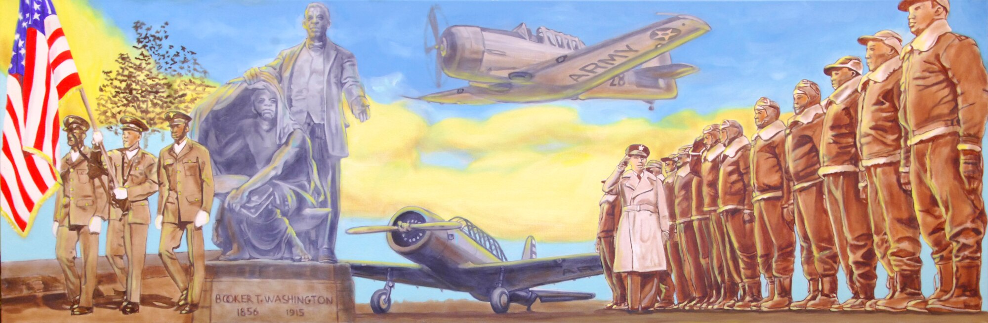 Tuskegee Airman paintings by veteran artist William Curtis, hang on display in the library on Scott Air Force Base, Ill. The paintings will be available for viewing from Jan. through March. The Tuskegee Airmen were awarded 150 Distinguished Flying Crosses, eight Purple Hearts, 14 Bronze stars and a Distinguished Unit Citation.(U.S. Air Force photo/Airman 1st Class Jake Eckhardt)