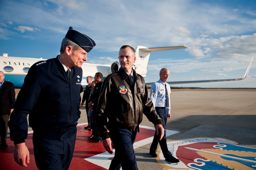 Air Force Chief of Staff Gen. Norton Schwartz and Col. Billy Thompson, 23d Wing commander, leave the flightline after Schwartz’s arrival to Moody Air Force Base, Ga., Jan. 17, 2012. During his visit, Schwartz met with base leadership and Airmen to learn about the mission at Moody and discuss current Air Force priorities. (U.S. Air Force photo by Staff Sgt. Jamal D. Sutter/Released) 
