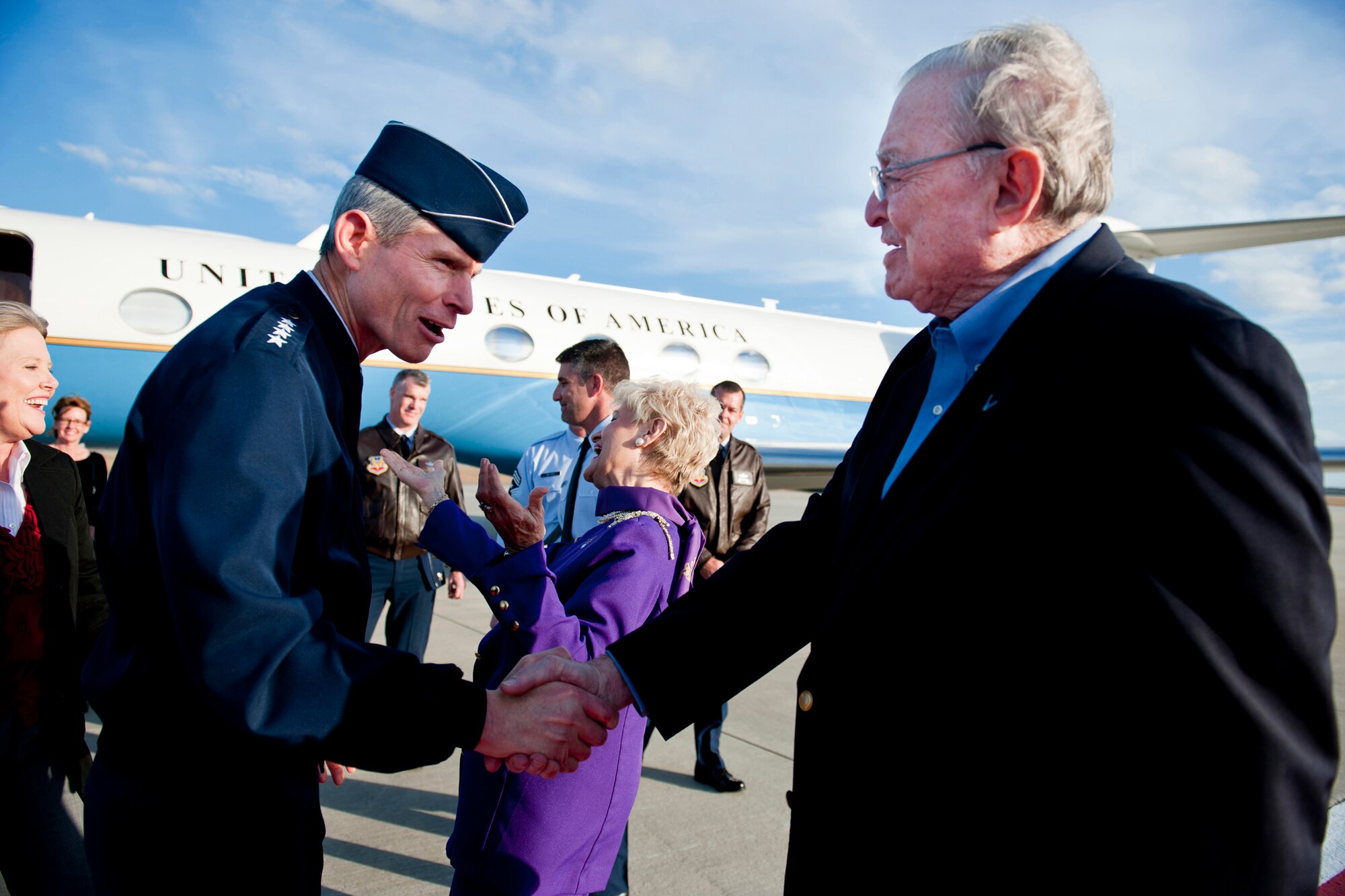 Parker Greene, Moody Support Committee chairman, greets Air Force Chief of Staff Gen. Norton Schwartz upon his arrival to Moody Air Force Base, Ga., Jan. 17, 2012. During his visit, Schwartz met with base leadership and Airmen to learn about the mission at Moody and discuss current Air Force priorities. (U.S. Air Force photo by Staff Sgt. Jamal D. Sutter/Released)  