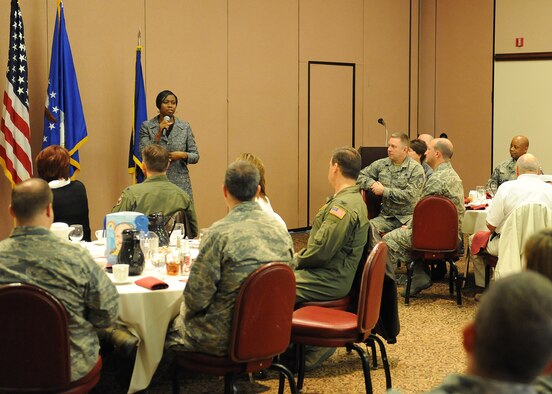 Rhonda Staley-Brooks, president and chief executive officer of Big Brothers, Big Sisters, speaks to Team Beale members during the Dr. Martin Luther King Jr. observance breakfast at the Recce Point Club Jan. 17, 2012. The breakfast was held to remember, celebrate and act on Dr. King's achievements. (U.S. Air Force Photo by John Schwab/RELEASED)