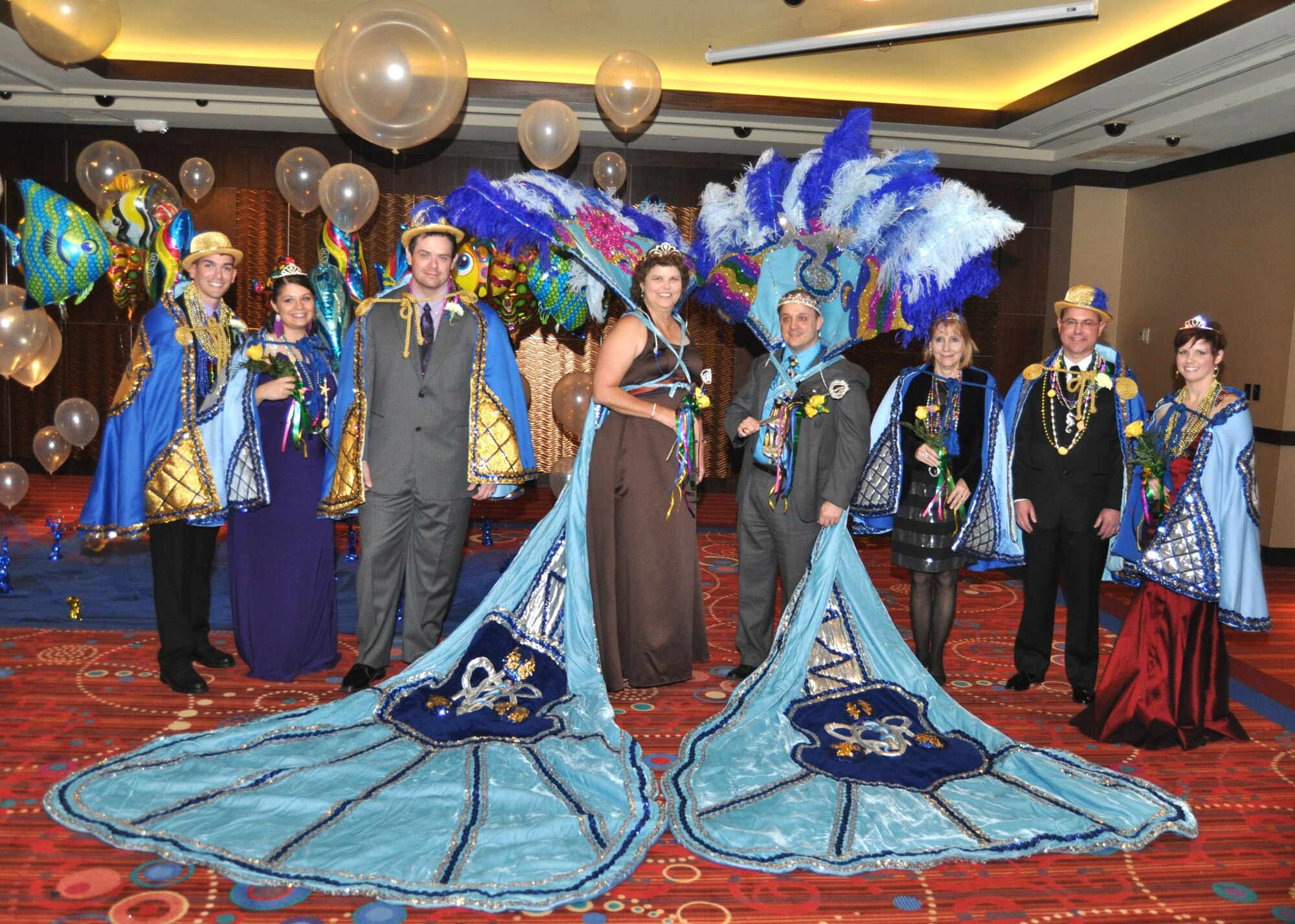 The Krewe of Medics held its 24th annual Mardi Gras Ball Jan. 14, 2012, at the IP Casino Resort and Spa in Biloxi, Miss., with “Under the Sea” as its theme. This year’s court included Airman 1st Class Michael Velez-Grieco, 81st Medical Support Squadron; Staff Sgt. Brittney Velez, 81st Medical Group; Maj. (Dr.) Kraig Kristof, 81st Surgical Operations Squadron; Denise Landry, 81st MDG, as Queen Amphitrite; Lt. Col. Craig Lambert, 81st Medical Support Squadron commander as King Poseidon; Col. Martha Stokes, 81st MDG; Brad Jones, chief operating officer for Humana Veterans Healthcare Services, and 1st Lt. Kelly Miller, 81st Inpatient Operations Squadron.  More than 200 guests attended the event.  (U.S. Air Force photo by Steve Pivnick)
