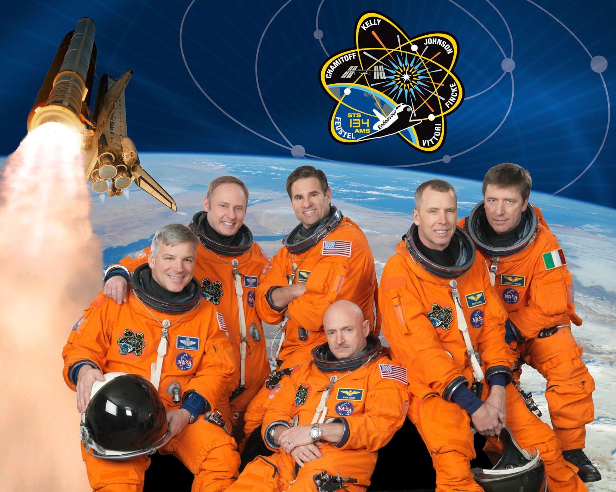 The crew of STS-134, Endeavour’s final mission. Pictured clockwise: NASA astronauts Mark Kelly (Capt., U.S. Navy, bottom center), commander; Gregory H. Johnson (Col., USAF, Ret.), pilot; Michael Fincke (Col., USAF), Greg Chamitoff, Andrew Feustel and the European Space Agency's Roberto Vittori, all mission specialists. (NASA image)