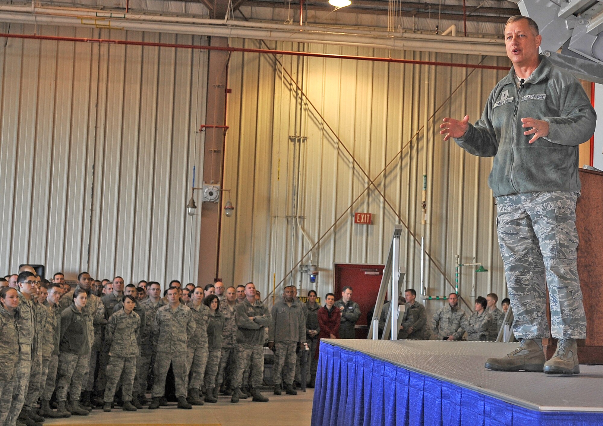 Maj. Gen. Lawrence Wells speaks during an all call with 4th Fighter Wing Airmen at the 4th Component Maintenance Squadron Fuels Barn on Seymour Johnson Air Force Base, N.C., Jan. 13, 2012. The general visited the base to acknowledge Airmen for their outstanding performance during the past year. This is Wells’ first visit to Seymour Johnson Air Force Base as the 9th Air Force commander. (U.S. Air Force photo/Senior Airman Gino Reyes)