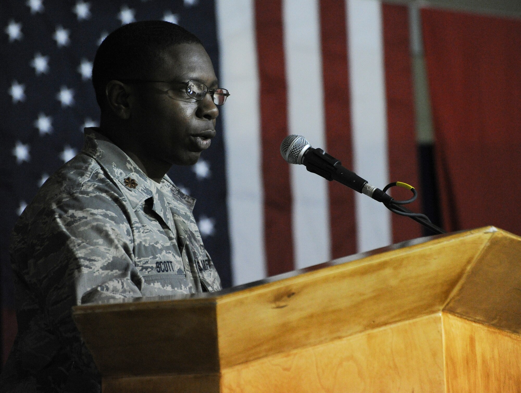 Speaking at a Martin Luther King Jr. commemorative reception, Maj. Virgil Scott, the deputy commander for the 376th Expeditionary Medical Group, gave the crowd his perspective on what it is like to serve in today's Air Force, Transit Center at Manas, Kyrgyzstan, Jan. 16, 2012. "Throughout my Air Force career, I have served in organizations where I was the only person that looked like me," Scott said. "There is nothing special about being the only one. What's special is the fact that I've never felt like the only one." Scott is deployed from Wright Patterson Air Force Base, Ohio.
(U.S. Air Force photo/Master Sgt. Tracy L. DeMarco)
