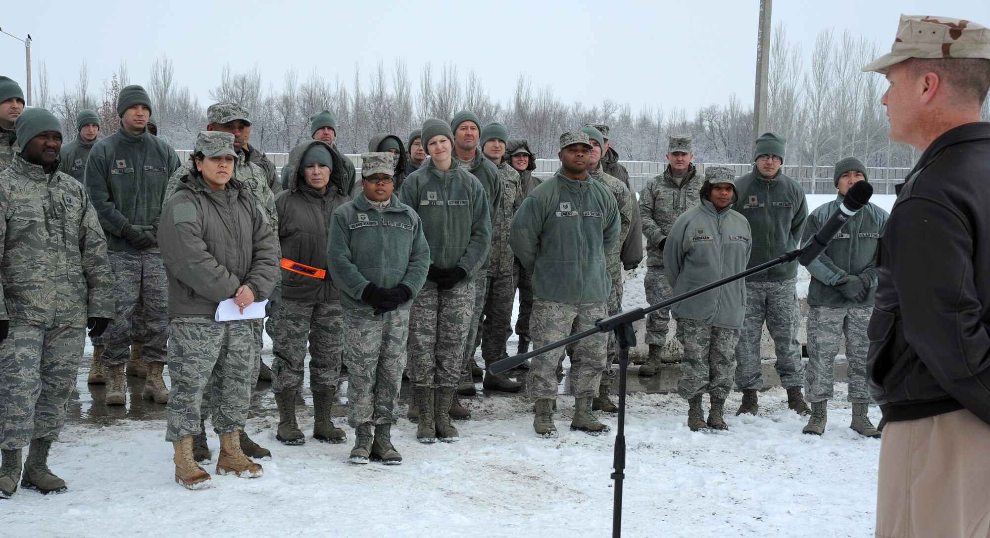 Col. James Jacobson, commander of the 376th Air Expeditionary Wing at the Transit Center at Manas, offers opening comments before a Martin Luther King Jr. commemorative walk Jan. 16, 2012, Kyrgyzstan. "We have come a long way," Jacobson said. He spoke about how the military members serving our nation today are not only diverse in their skin tone, but diverse because of their individual backgrounds, a quality deserving respect. Jacobson is deployed from Travis Air Force Base, Calif.
(U.S. Air Force photo/Master Sgt. Tracy L. DeMarco)
