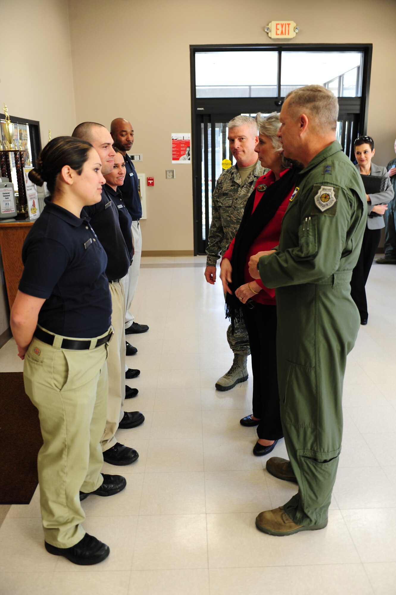 Maj. Gen. Lawrence Wells meets with Airmen at the fitness center on Seymour Johnson Air Force Base, N.C., Jan. 13, 2012. While at the fitness center, Wells toured the recently renovated center and talked with Airmen working out at the gym. This was Wells’ first visit to the base since assuming command of the 9th Air Force in October 2011. (U.S. Air Force photo/Airman 1st Class Mariah Tolbert)