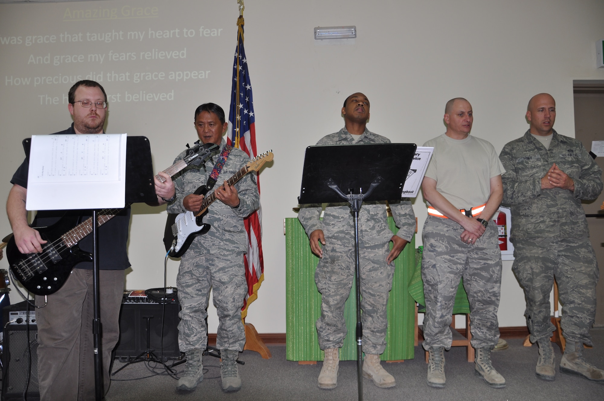 The chapel band performs a series of songs during a Martin Luther King Jr. Day celebration Jan. 16, 2012 at an undisclosed location in Southwest Asia. The purpose of the celebration was to spread Reverend King’s message of equality and promote diversity. (photo by Senior Airman Melanie Holochwost)