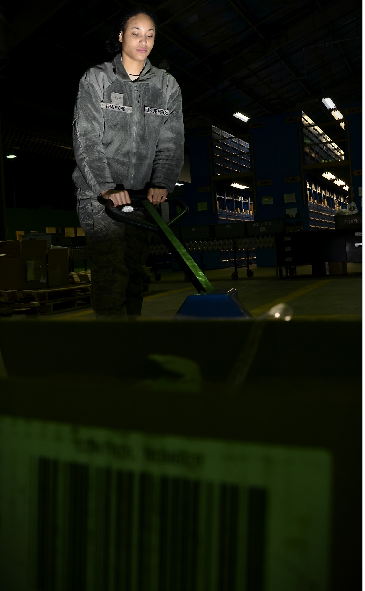 Airman 1st Class Marqeitta Bradford, 8th Logistics Readiness Squadron traffic management journeyman, segregates cargo using a hand-truck at Kunsan Air Base, Republic of Korea, Jan. 10, 2012. The traffic management flight has three distinct sections that routinely perform above and beyond, putting bread and bullets in the hands of the Wolf Pack. (U.S. Air Force photo by Senior Airman Benjamin Stratton/Released)