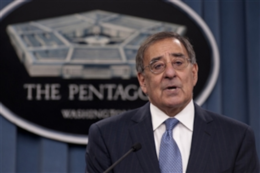 Secretary of Defense Leon E. Panetta answers questions at a press conference in the Pentagon on January 18, 2012.  Panetta introduced the Director of the DoD Sexual Assault Prevention and Response Office Maj. Gen. Mary Kay Hertog and emphasized the department?s efforts to prevent sexual assaults.  