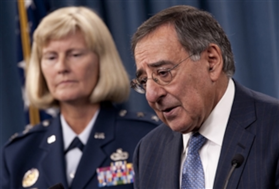Secretary of Defense Leon E. Panetta answers questions at a press conference in the Pentagon on January 18, 2012.  Panetta introduced the Director of the DoD Sexual Assault Prevention and Response Office Maj. Gen. Mary Kay Hertog and emphasized the department?s efforts to prevent sexual assaults.  