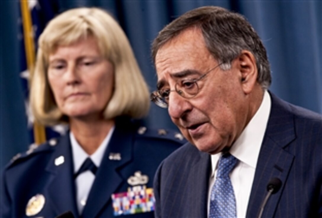 Defense Secretary Leon E. Panetta answers questions at a press conference at the Pentagon, Jan. 18, 2012. Panetta introduced Air Force Maj. Gen. Mary Kay Hertog, director of the Defense Department's Sexual Assault Prevention and Response Office, and emphasized efforts to prevent sexual assaults in the department.