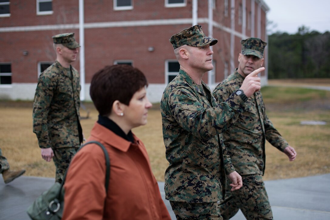 Sgt. Maj. Micheal P. Barrett, the 17th Sergeant Major of the Marine Corps, tours the barracks at Marine Corps Base Camp Lejuene, N.C., Jan. 18, 2012.
