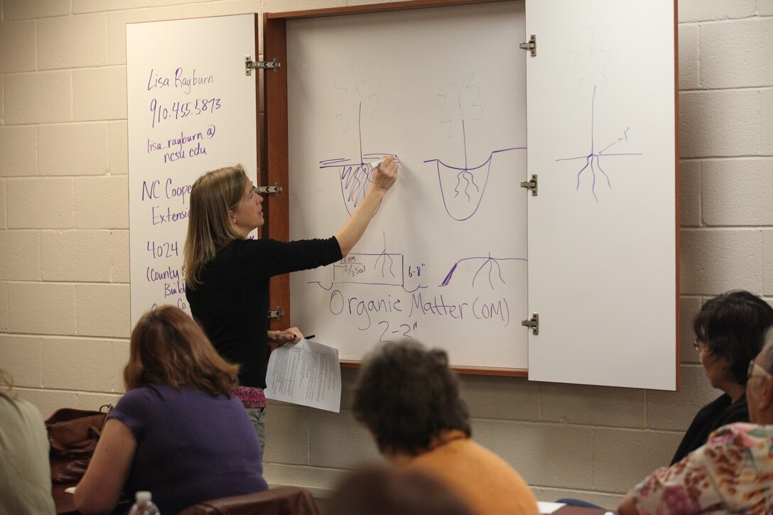 Lisa Rayburn, a teacher with North Carolina Cooperative Extension Service, North Carolina State University drew pictures to instruct a class during the Gardening 101 workshop hosted by the Harriotte B. Smith Library aboard Marine Corps Base Camp Lejeune, Jan. 19. Approximately 24 service members and patrons, ages 18 and older, attended the class.