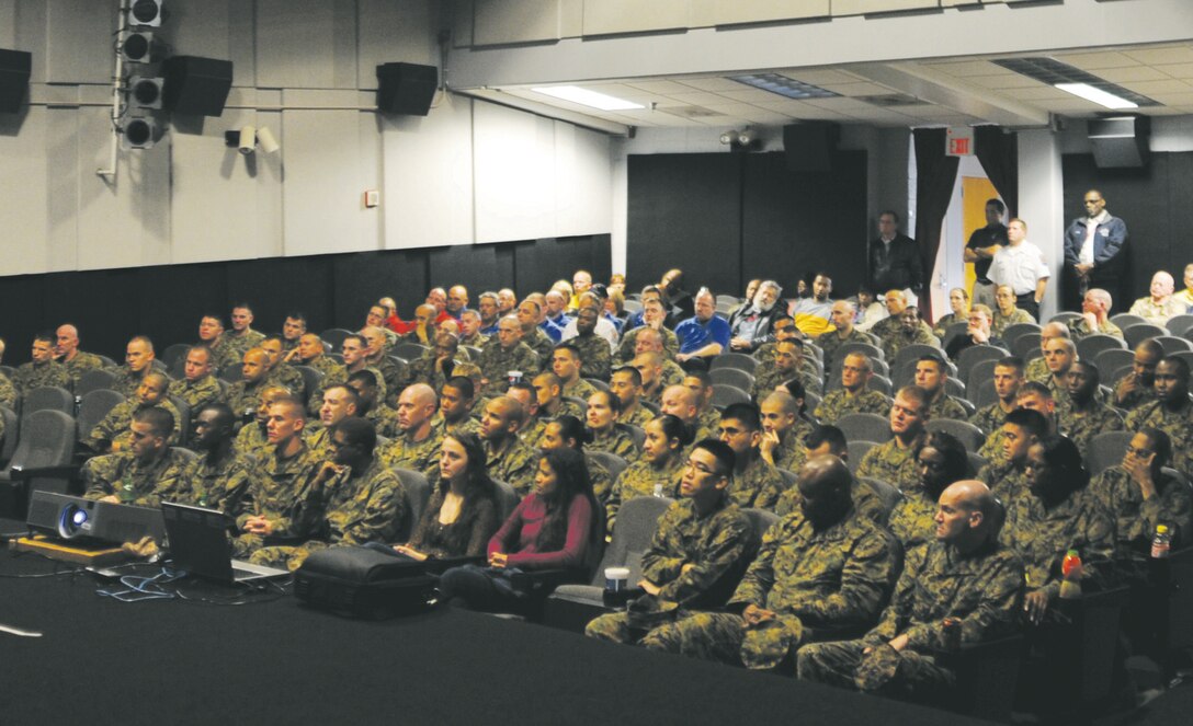 Marines gathered at the Base Theater, Jan. 11, for annual briefs known as ‘back in the saddle.’ The briefs help prepare the Marines coming off holiday leave for the upcoming year.