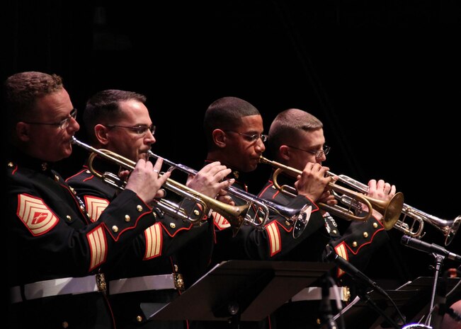 The trumpet section of the Marine Corps All-Star Jazz Band performs during the Purdue Jazz Festival at the Long Center, Lafayette, Ind., Jan. 19. The band performed at the festival during their tour of the Midwest.