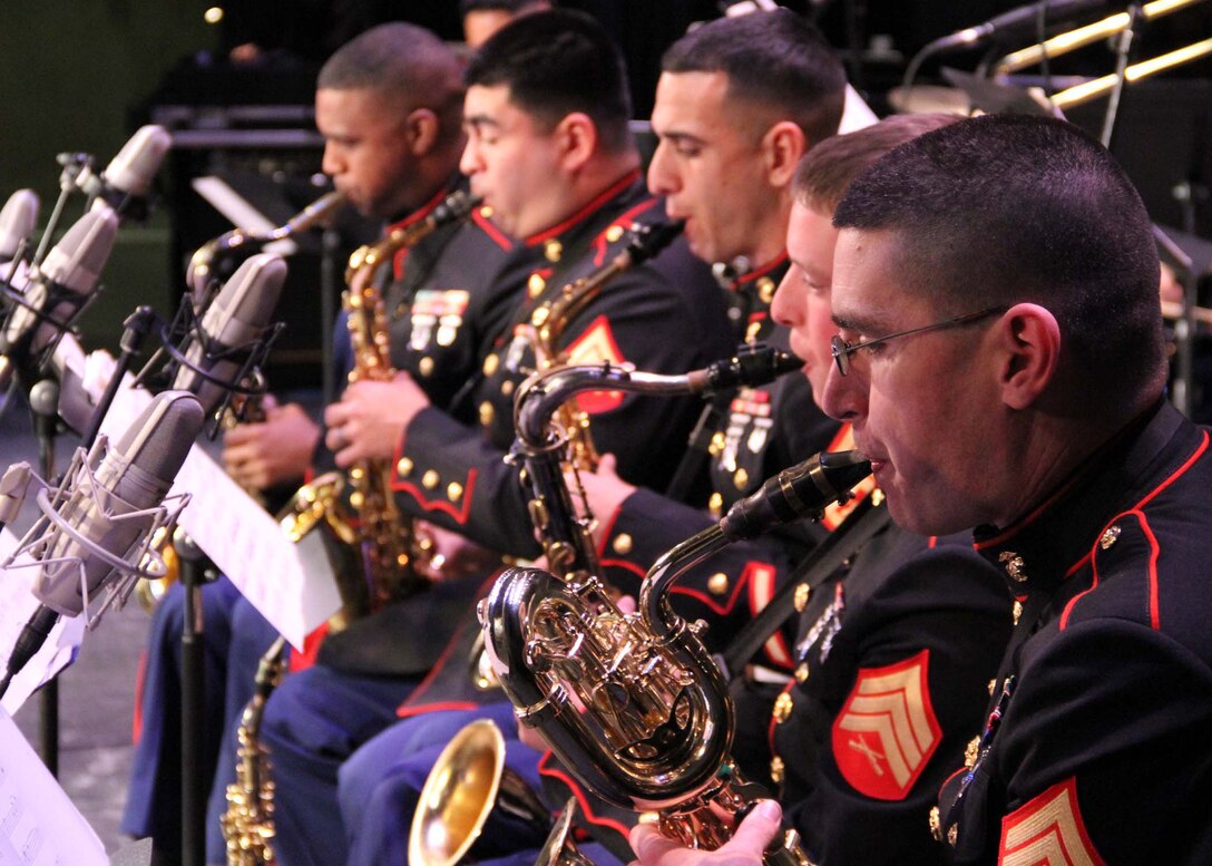 The saxophone section of the Marine Corps All-Star Jazz Band performs during the Purdue Jazz Festival at the Long Center, Lafayette, Ind., Jan. 19. The band performed at the festival during their tour of the Midwest.