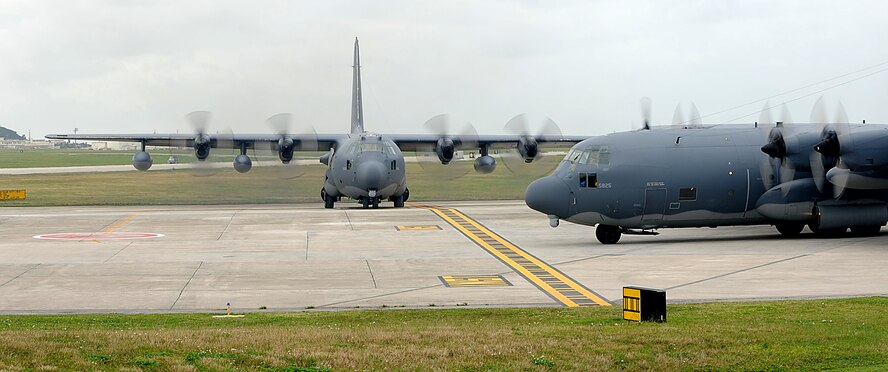 A U.S. Air Force MC-130P Combat Shadow special operations aircraft from the 17th Special Operations Squadron taxies on the flight line of Kadena Air Base, Japan, Jan. 19, 2012. The Combat Shadow has supported and participated in numerous evacuations, search, and humanitarian relief operations missions and continues this support today. (U.S. Air Force photo by Airman 1st Class Brooke P. Beers/Released)