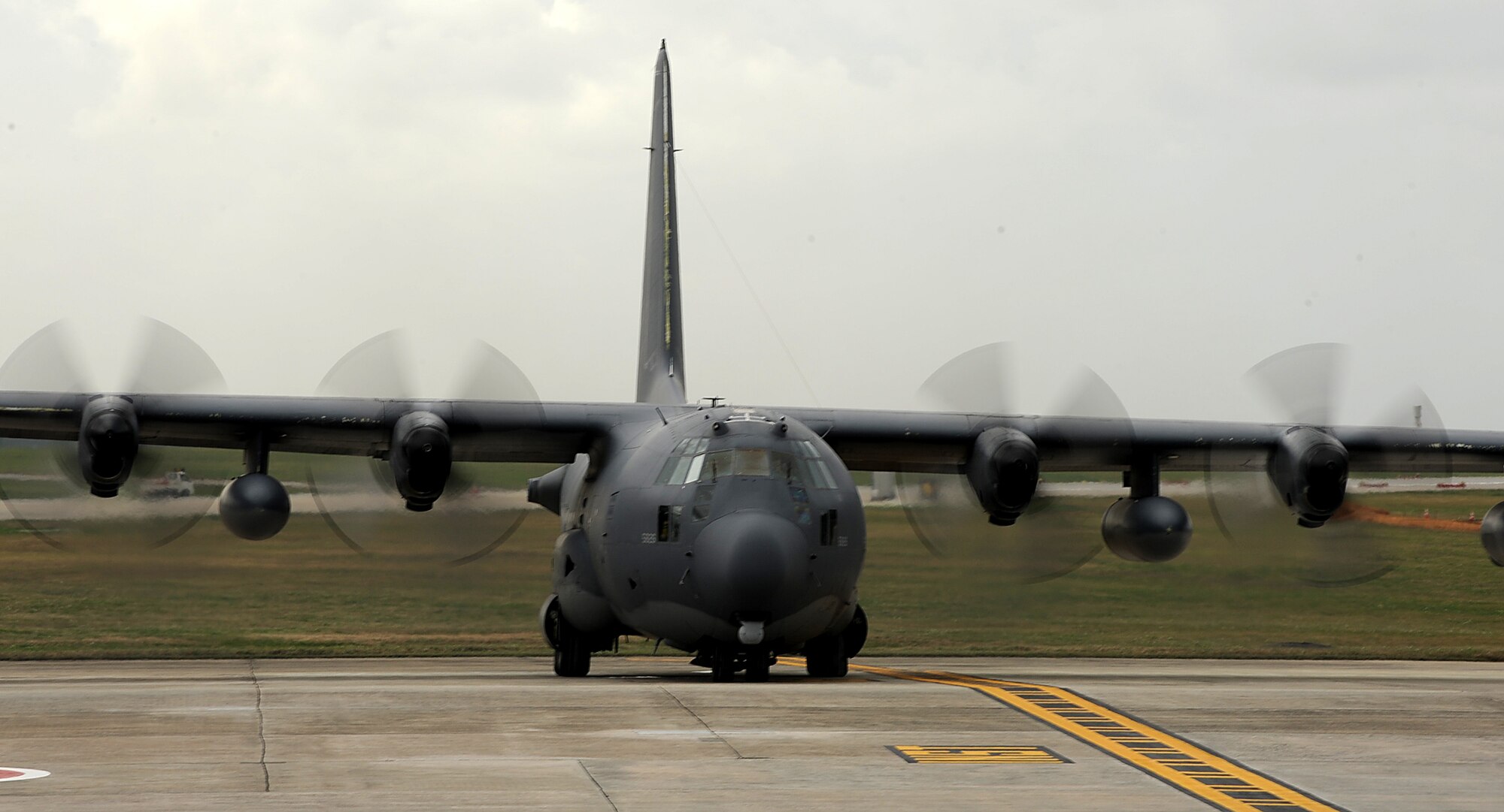 A U.S. Air Force MC-130P Combat Shadow special operations aircraft from the 17th Special Operations Squadron taxies on the flight line of Kadena Air Base, Japan, Jan. 19, 2012. The Combat Shadow has supported and participated in numerous evacuations, search, and humanitarian relief operations missions and continues this support today. (U.S. Air Force photo by Airman 1st Class Brooke P. Beers/Released)