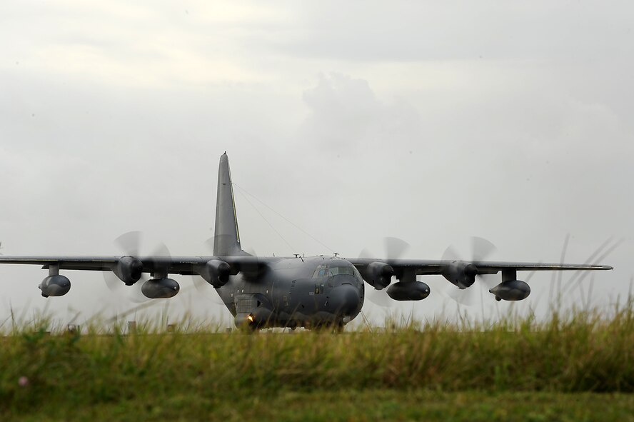 A U.S. Air Force MC-130P Combat Shadow special operations aircraft from the 17th Special Operations Squadron taxies on the flight line of Kadena Air Base, Japan, Jan. 19, 2012. The Combat Shadow has supported and participated in numerous evacuations, search, and humanitarian relief operations missions and continues this support today. (U.S. Air Force photo by Airman 1st Class Brooke P. Beers/Released)