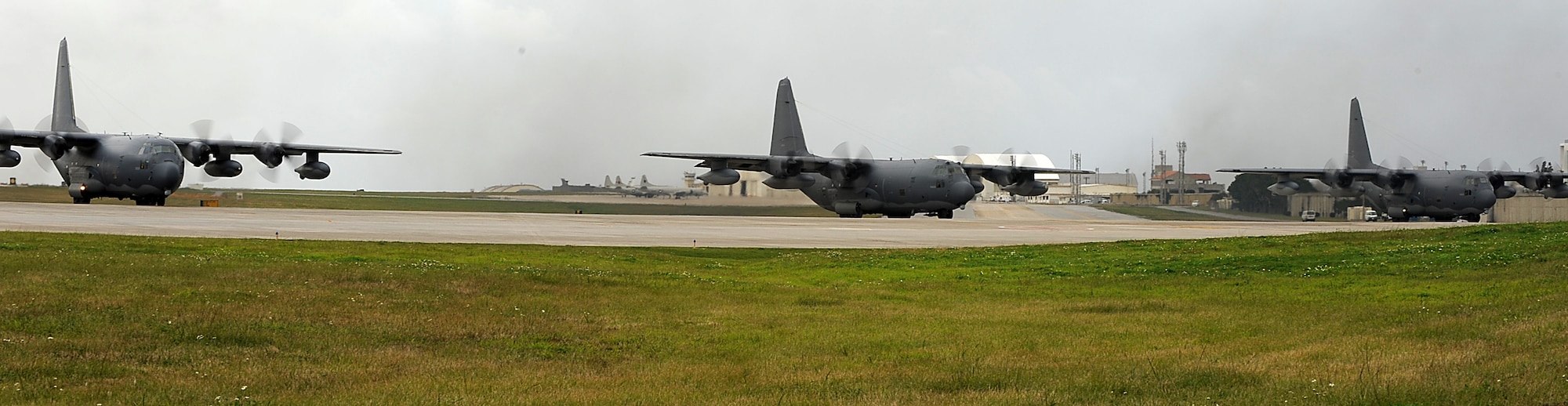 A group of U.S. Air Force MC-130P Combat Shadow special operations aircraft from the 17th Special Operations Squadron prepare for a training flight on the flight line of Kadena Air Base, Japan, Jan. 19, 2012. The Combat Shadow flies clandestine, or low visibility, single or multi-ship low-level air refueling missions for special operations helicopters, and infiltration, exfiltration, and resupply of special operations forces by airdrop or airland intruding politically sensitive or hostile territories. (U.S. Air Force photo by Airman 1st Class Brooke P. Beers/Released)