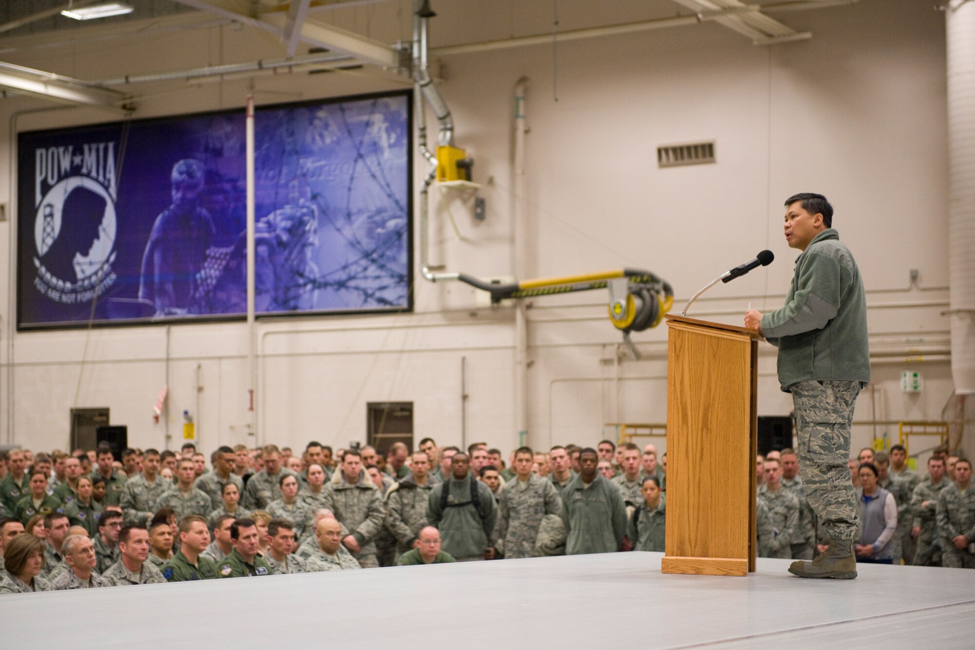 Col. H. B. Brual, 341st Missile Wing commander, speaks to members of Team Malmstrom about several topics, focusing on resiliency and being good Wingmen. (U.S. Air Force photo/Beau Wade)