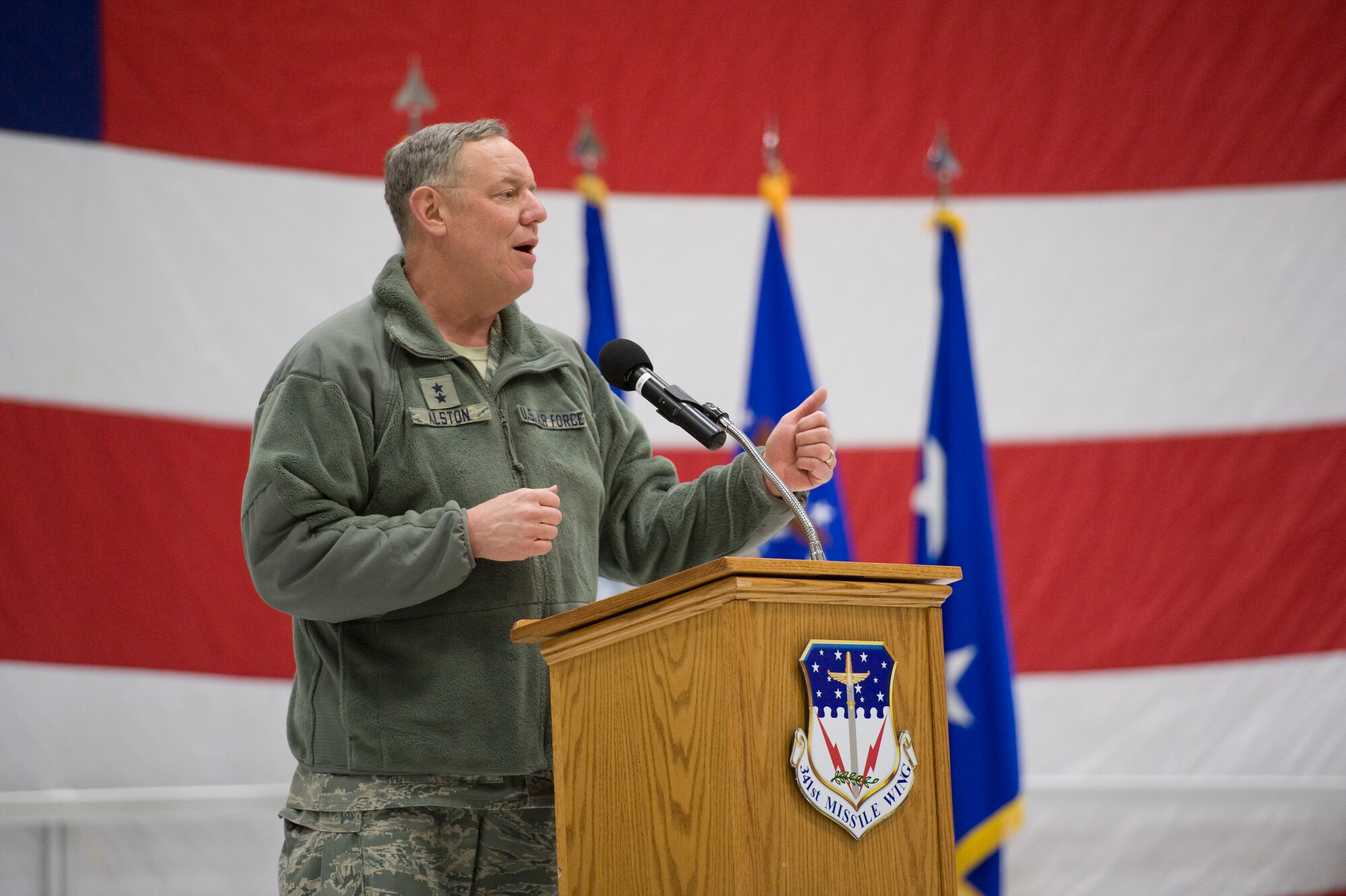 Maj. Gen. C. Donald Alston, 20th Air Force commander, addresses Team Malmstrom during an All Call Jan. 13 held at the 3-Bay Hangar. (U.S. Air Force photo/Beau Wade)
