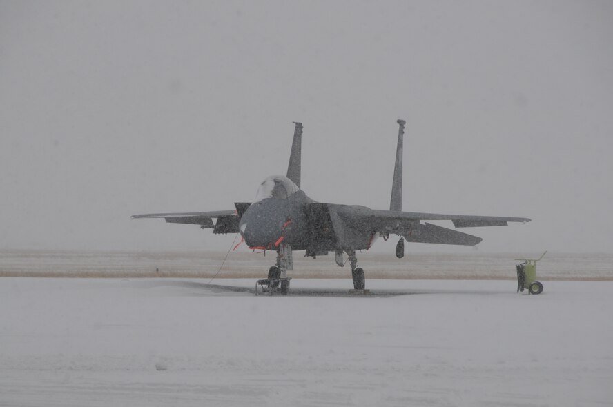 A snowy Oregon Air National Guard F-15 Eagle sits on the flightline January 18, 2012 at Kingsley Field, Klamath Falls, Ore. (U.S. National Guard photo by Tech. Sgt. Jennifer Shirar) RELEASED