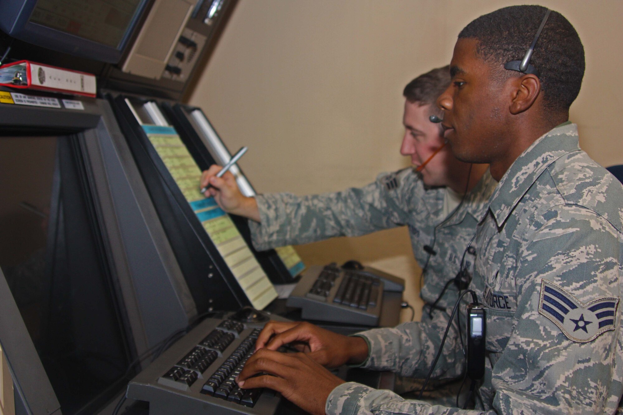 LAUGHLIN AIR FORCE BASE, Texas – Senior Airman Tariq Simmons, 47th Operations Support Squadron air traffic controller, manages and directs aircraft here recently. The Airmen here control the busiest airfield in the Air Force. (U.S. Air Force photo/Staff Sgt. Ricardo Reveles)