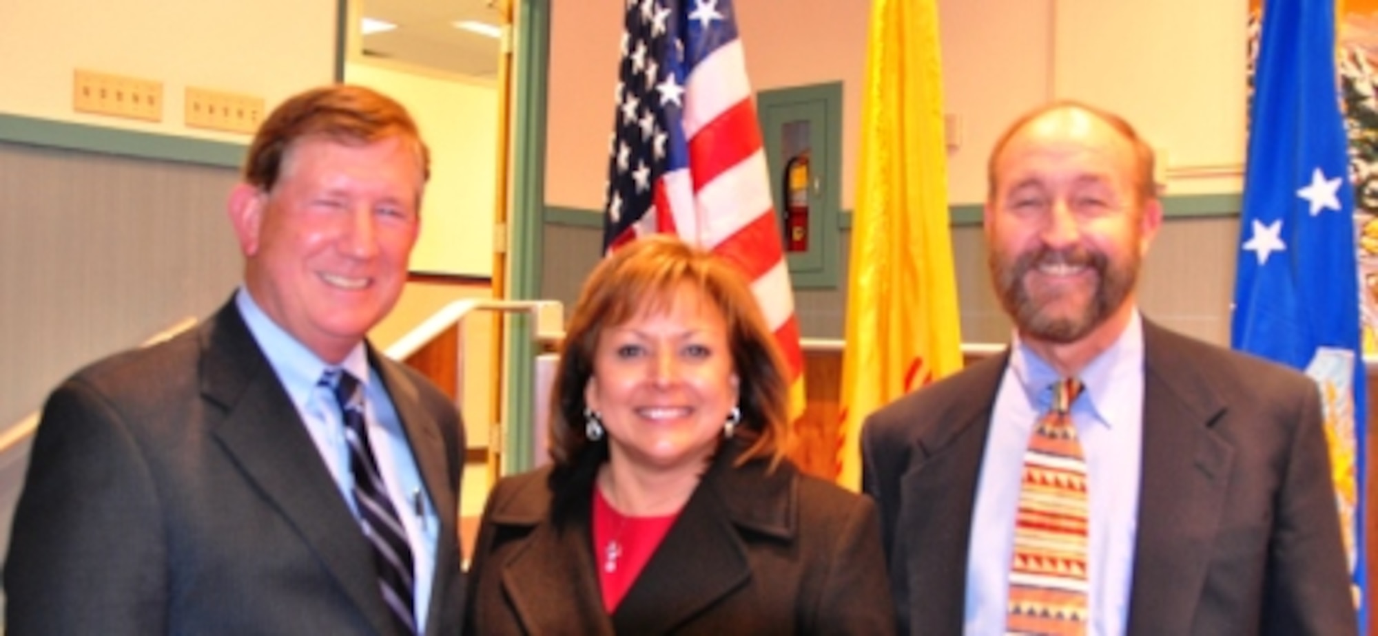 (Left to Right) Assistant Secretary of the Air Force Terry Yonkers, Gov. Susana Martinez and State Land Commissioner Ray Powell attend the lease signing ceremony Jan 18 in Santa Fe, N.M., during which the State of New Mexico gifted 11,000 acres to expand the mission at Cannon Air Force Base, N.M.  