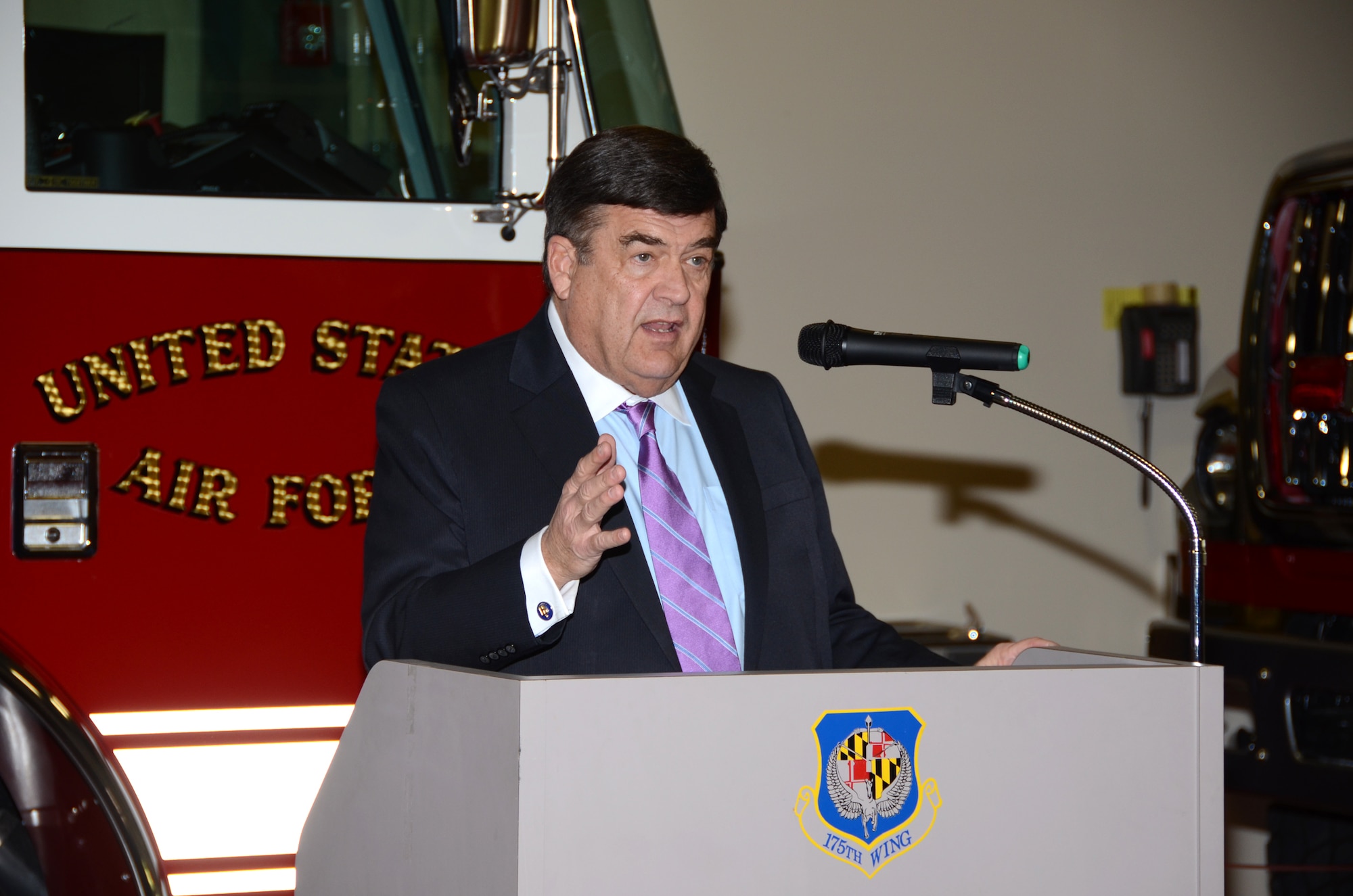 C.A. Dutch Ruppersberger, United States House of Representative for Maryland’s 2nd District, addresses the audience that attended the ribbon cutting ceremony for the new 21,000-square-foot state-of-the-art 175th Crash Fire Rescue Station at Maryland Air National Guard in Baltimore Maryland. The old fire station was two buildings that could not fit all the equipment in it. There was no ventilation for the fire trucks and training was held in the sleeping quarters. "It's not just about the building, it's about personnel," said Ruppersberger about the needed upgrade.  (National Guard photo by Master Sgt. Ed Bard/RELEASED)