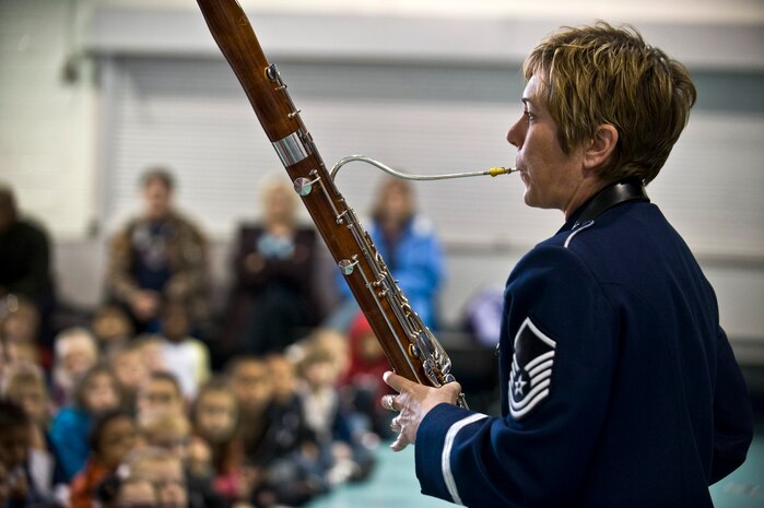 U.S. Air Force Master Sgt. Lezlee Masson, Golden West Winds Woodwind Quintet bassoon player, performs Jan. 19, 2012, at Lomie Heard Elementary School on Nellis Air Force Base, Nev.  The U.S. Air Force Band of the Golden West, stationed at Travis Air Force Base, Calif., held a number of free, public concerts at numerous locations during a visit to Southern Nevada. (U.S. Air Force photo by Senior Airman Brett Clashman)
