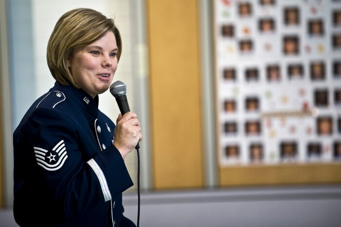 U.S. Air Force Tech. Sgt. Anna Andrew, Golden West Winds Woodwind Quintet clarinet player, speaks to students Jan. 19, 2012, at Lomie Heard Elementary School on Nellis Air Force Base, Nev. The U.S. Air Force Band of the Golden West, stationed at Travis Air Force Base, Calif., held a number of free, public concerts at numerous locations during a visit to Southern Nevada. (U.S. Air Force photo by Senior Airman Brett Clashman)
