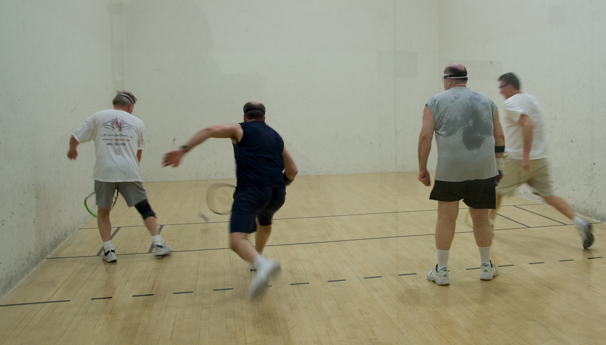 D.J. Marosla, retired Air Force, runs after a ball during a game of racquetball at the Travis Fitness Center, Calif., January 17. (U.S. Air Force photo/Airman 1st Class Nicole Leidholm)