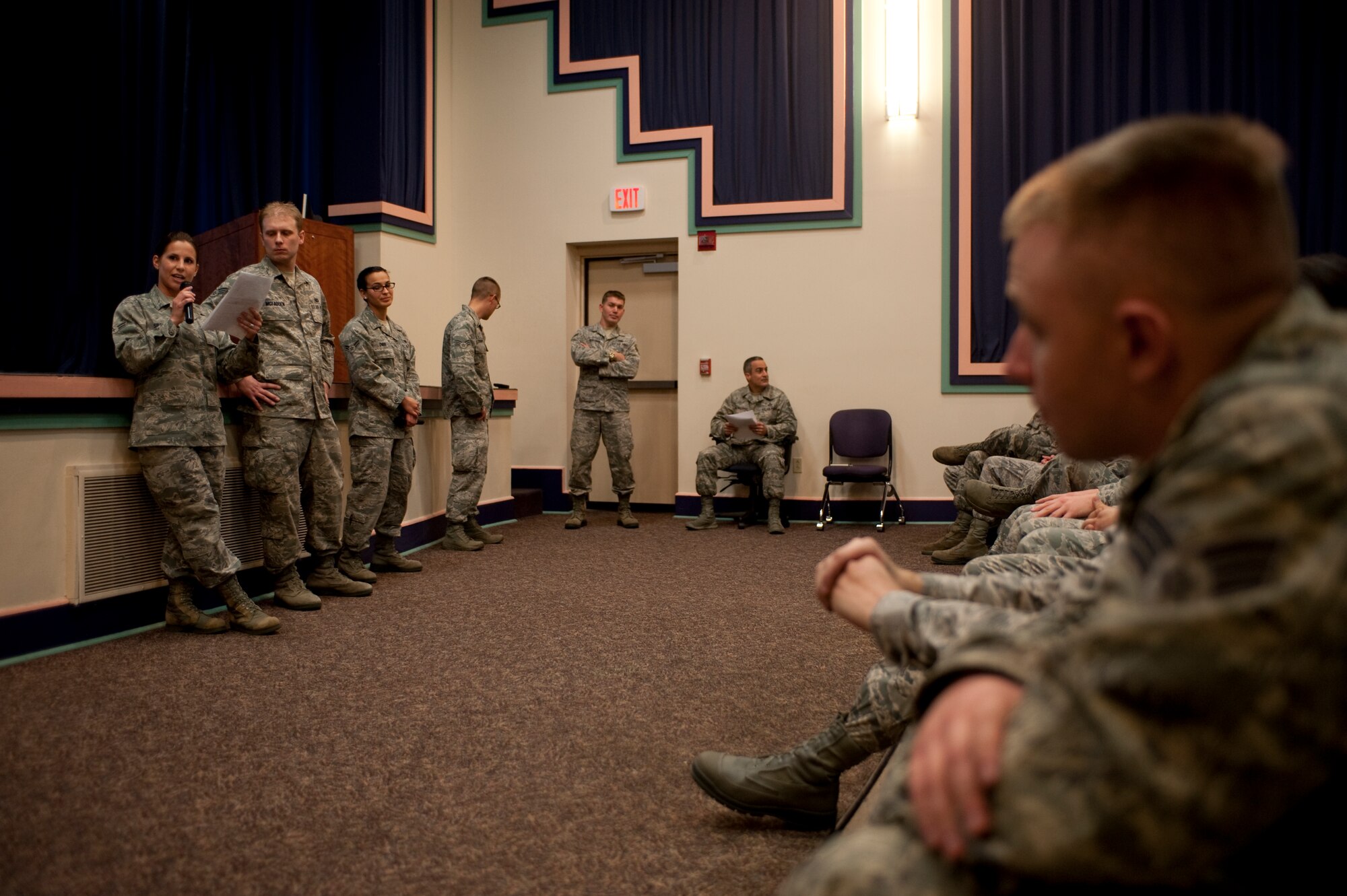 Hurlburt Field’s Airman’s Voice Council speaks to Airmen during an all-call for junior Airmen at Hurlburt Field, Fla., Jan. 17, 2012. Airman’s Voice is an organization representing the interests of Hurlburt Field’s more than 2,000 junior Airmen. (Air Force photo by Airman 1st Class Hayden K. Hyatt/Released)