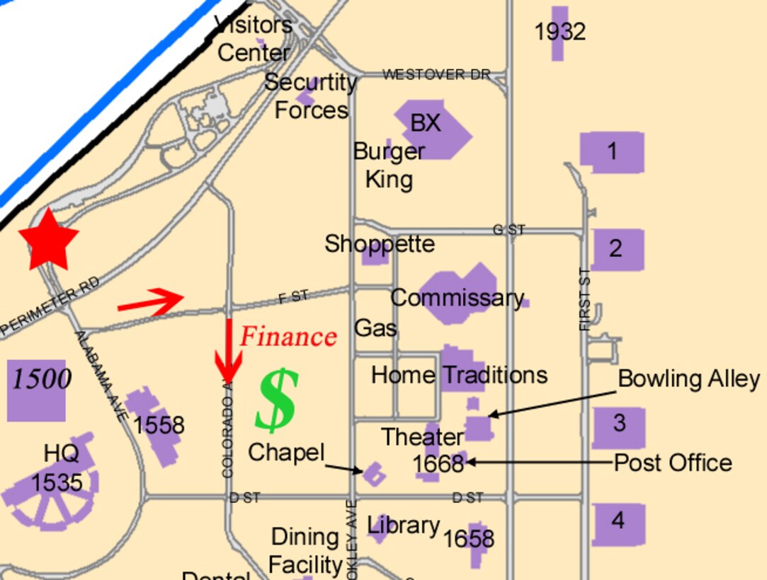 The 11th Comptroller Squadron moved to this temporary building on Colorado Avenue, between F and D Streets.  Their hours of operation are from 8 a.m. to 3 p.m. weekdays, except for Tuesday, when they close at 2 p.m.  Their phone number, (240) 857-6377, is also unchanged.  ( U.S. Air Force graphic/Senior Airman Torey Griffith)