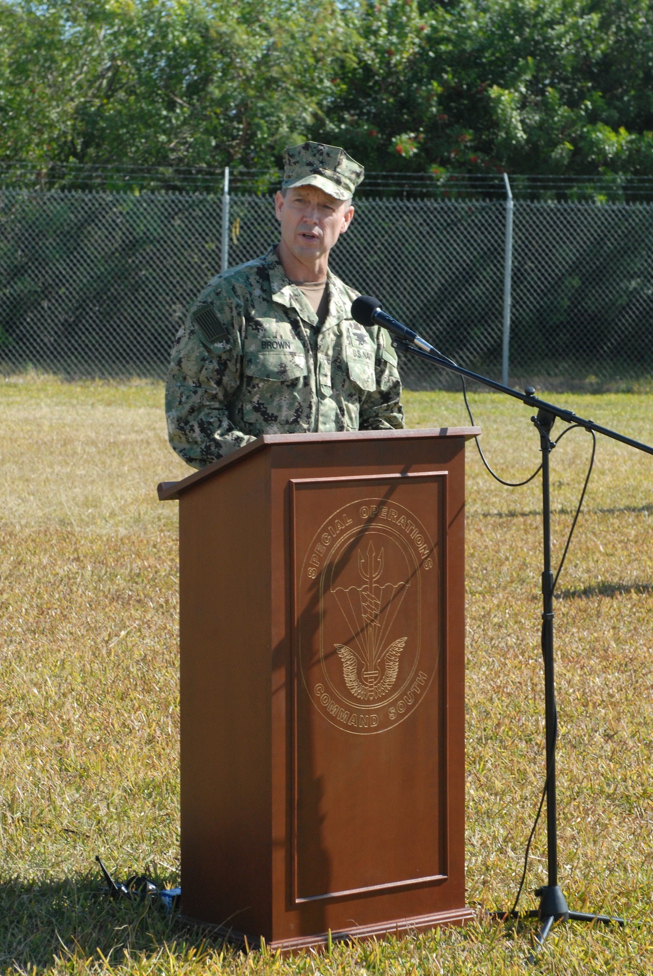 Navy Rear Adm. Thomas L. Brown II, commander of Special Operations Command South, speaks to Miami-Dade County, city of Homestead officials, and fellow service members during the ground breaking ceremony for the new SOCSOUTH headquarters building Jan 10., at Homestead Air Reserve Base, Fla. The new 125,000-square foot, $41 million headquarters facility will be designed to host more than 400 people representing all branches of the armed forces. The new facility will be LEED-certified and is expected to be completed in three years. (Department of Defense photo by Army Sgt. 1st Class Alex Licea, SOCSOUTH Public Affairs)
