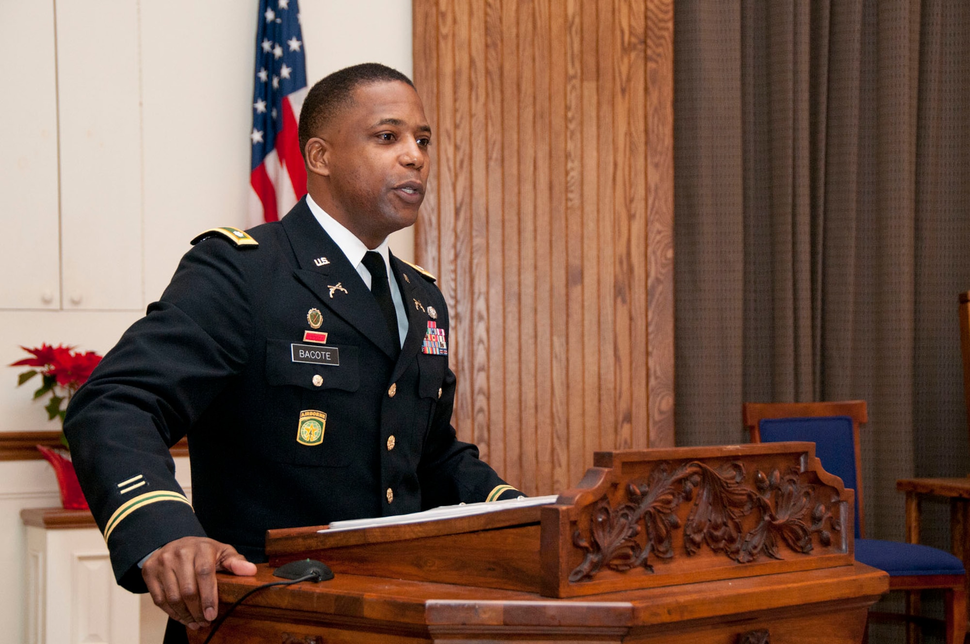 HANSCOM AIR FORCE BASE, Mass. – U.S. Army Lt. Col. Warren Bacote, commander of the U.S. Army Garrison Fort Devens, speaks to the Hanscom community at the annual Dr. Martin Luther King Jr. celebration at the base chapel on Jan. 12. Bacote spoke about progress made in the United States since King’s famous “I Have a Dream” speech.  (U.S. Air Force photo by Mark Wyatt)