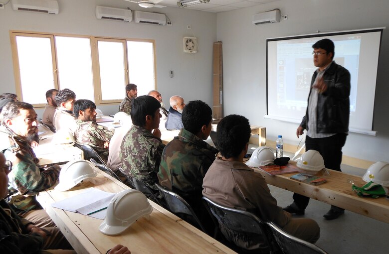 An Afghan instructor lectures new operations and maintenance students during the first week of training at the Afghan Air Force's 205th Atal Corps Air Wing on Kandahar Airfield, Afghanistan.