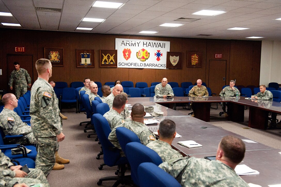 U.S. Army Chief of Staff Gen. Raymond T. Odierno conducts a question-and-answer session with brigade and battalion commanders inside the 25th Infantry Division Headquarters on Schofield Barracks, Hawaii, Jan. 17, 2012.