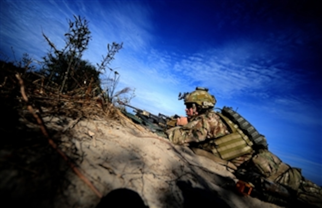 A U.S. Army soldier assigned to the 1st Battalion, 75th Ranger Regiment, provides supporting fire while participating in a combined arms live fire exercise near Fort Stewart, Ga., on Jan. 10, 2012.  The exercise is conducted in order to evaluate and train members on de-escalation of force, reactions to enemy contact and other objectives that prepare them for combat operations.  