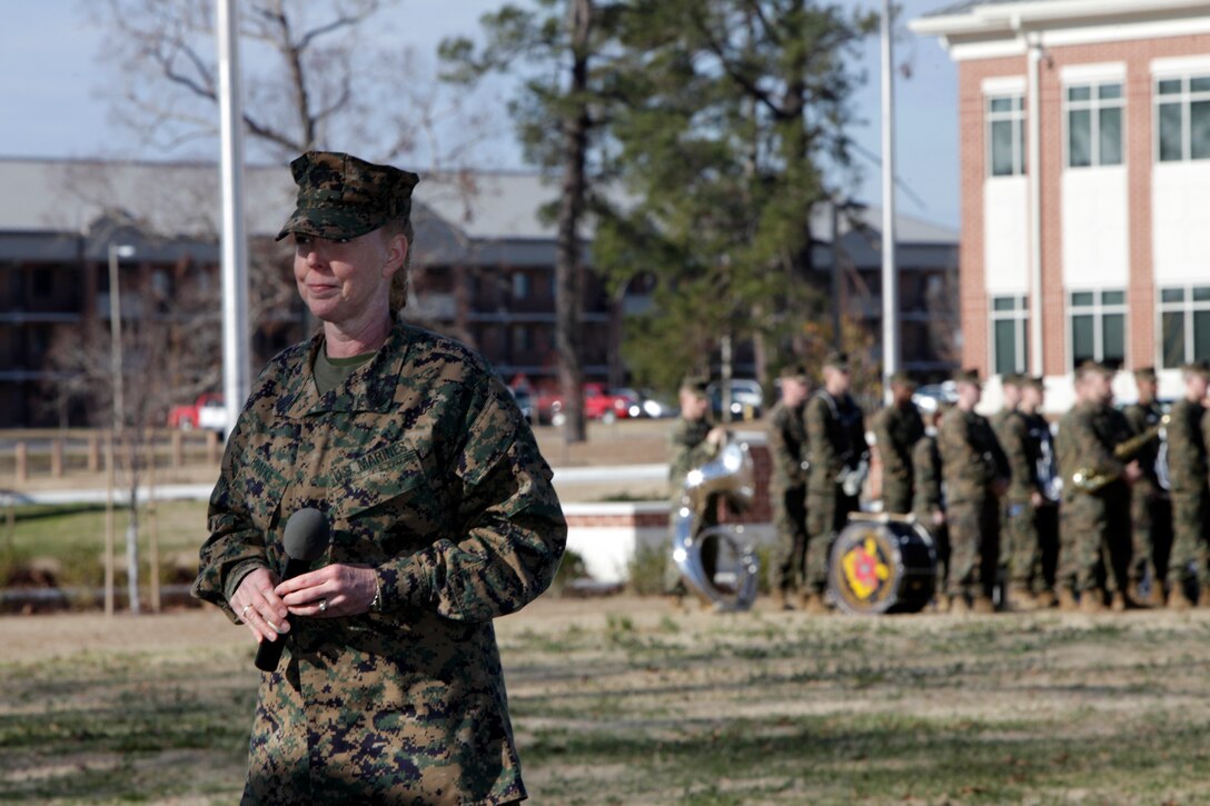 Sgt. Maj. Holly C. Prafke, sergeant major of Headquarters and Headquarters Squadron of Marine Corps Air Station Cherry Point, speaks to guests at her relief and appointment ceremony Jan. 20, 2012 on the MCAS Cherry Point parade field. Previously she served as the sergeant major of Marine Tactical Electronic Warfare Squadron 3, an EA-6B Prowler squadron aboard the air station, and she has previously served with H&HS as the director of the Corporal's Course leadership school. . "I'm ready to work for and serve the Marines of this squadron."